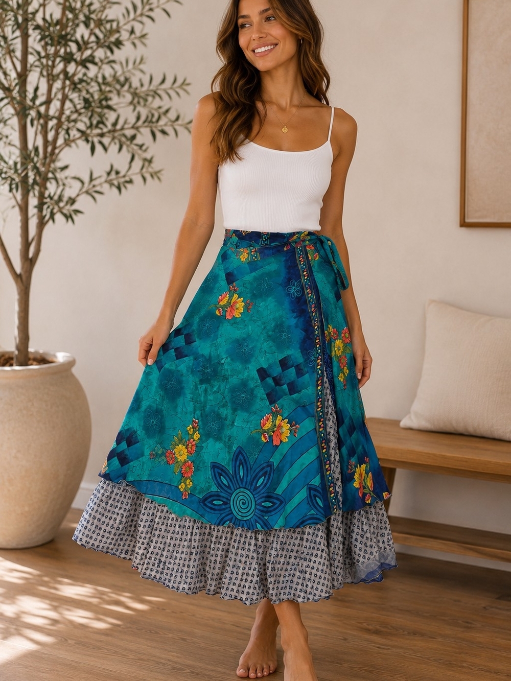 Teal Floral Wrap Maxi Silk Reversible Skirt / Dress